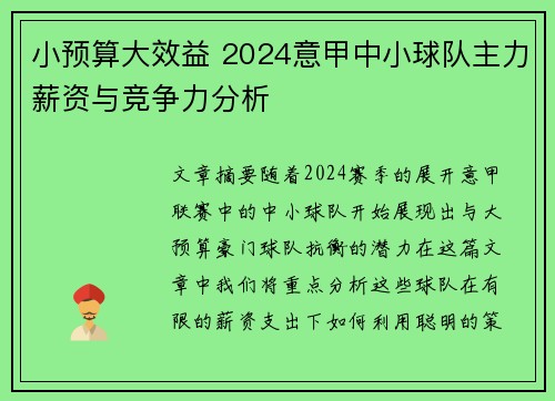 小预算大效益 2024意甲中小球队主力薪资与竞争力分析