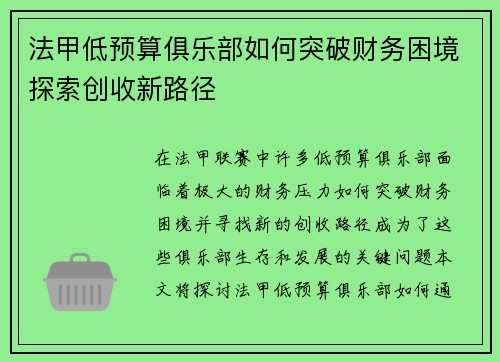 法甲低预算俱乐部如何突破财务困境探索创收新路径